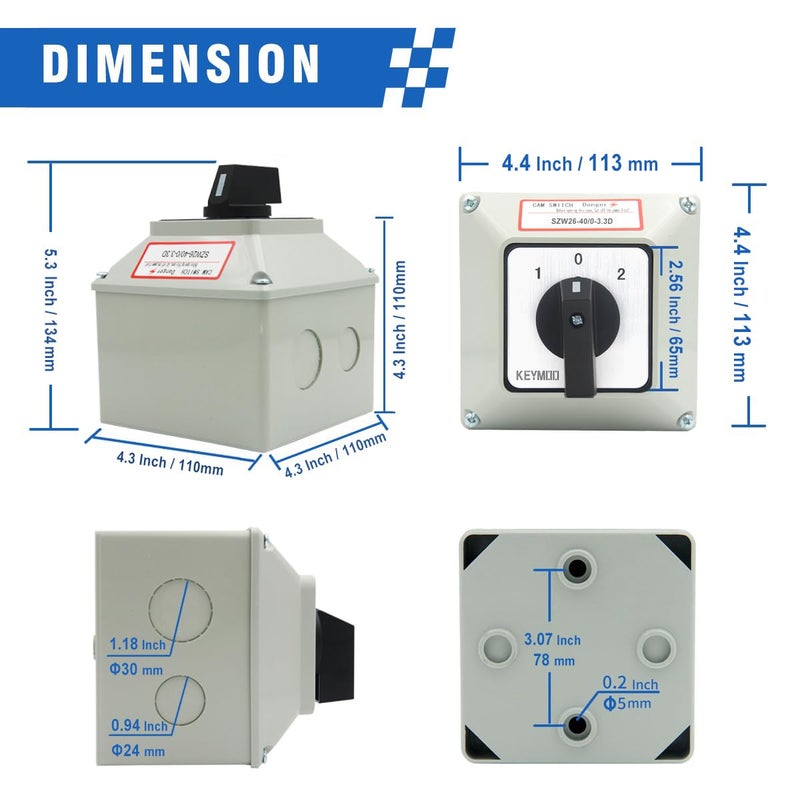 Keymoo 40A Changeover Switch with Exterior Box, 4 Positions 3 Poles, Universal Selector Switch, Cam Switch Box IP65 - Image 4
